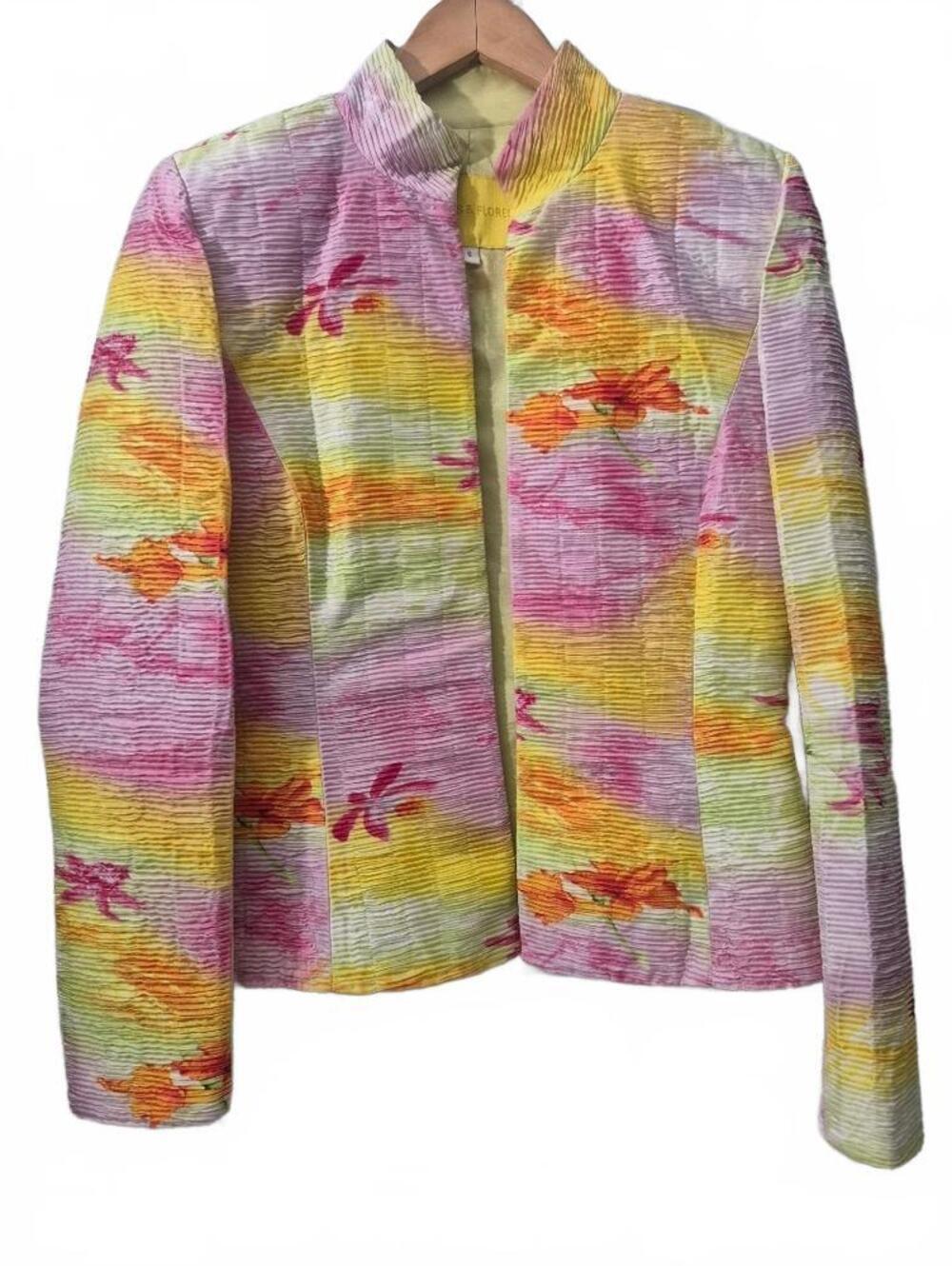 Flores & Flores Women’s 100% Silk Blazer Fuchsia Pink Gold Green Crinkle Pleated